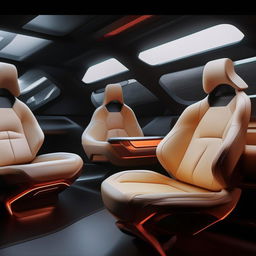 The seats in the rear cabin of a futuristic, state-of-the-art, 4-door SUV that convey plush comfort and groundbreaking design.