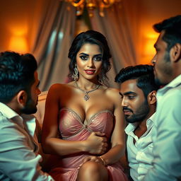 An intimate and captivating scene featuring a woman inspired by an Indian actress, exuding confidence and sensuality in a luxurious, softly lit room