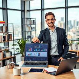 A professional in the field of data alchemy, standing confidently in a modern office environment