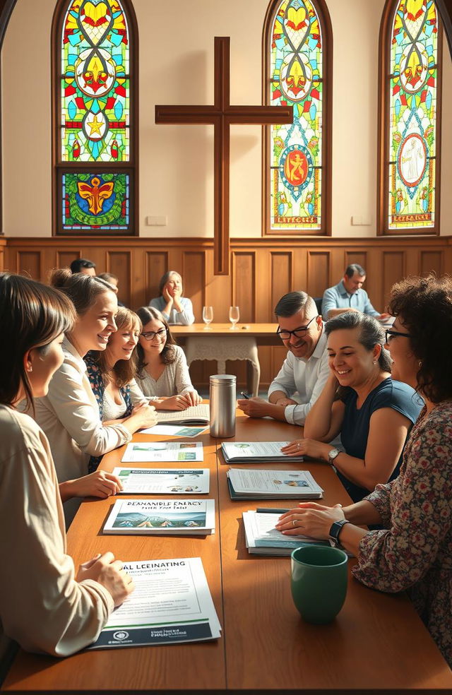 A harmonious scene depicting the intersection of faith and finance, featuring a diverse group of people engaging in a community meeting at a church