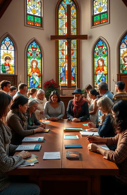 A harmonious scene depicting the intersection of faith and finance, featuring a diverse group of people engaging in a community meeting at a church