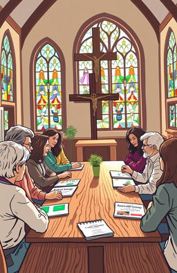 A harmonious scene depicting the intersection of faith and finance, featuring a diverse group of people engaging in a community meeting at a church
