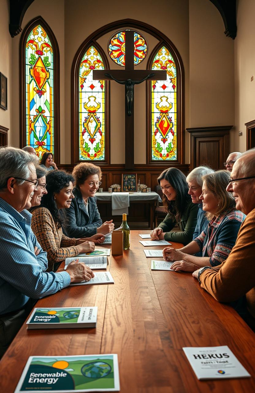 A harmonious scene depicting the intersection of faith and finance, featuring a diverse group of people engaging in a community meeting at a church