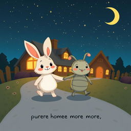 A whimsical cartoon scene featuring two adorable characters, a rabbit and a creature named Tartle, walking home under a starry night sky
