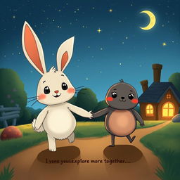 A whimsical cartoon scene featuring two adorable characters, a rabbit and a creature named Tartle, walking home under a starry night sky