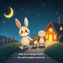 A whimsical cartoon scene featuring two adorable characters, a rabbit and a creature named Tartle, walking home under a starry night sky