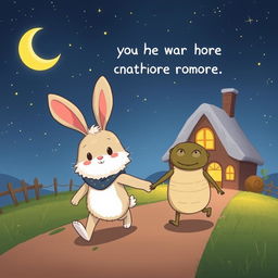 A whimsical cartoon scene featuring two adorable characters, a rabbit and a creature named Tartle, walking home under a starry night sky