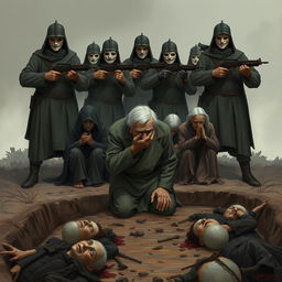 A full-body illustration of an elderly man, his face obscured by the brim of his hat, desperately trying to hide his tears while kneeling in a muddy ditch atop a grim scene of dead bodies