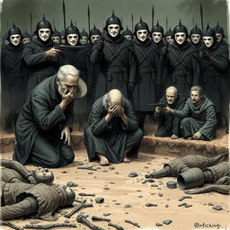 A full-body illustration of an elderly man, his face obscured by the brim of his hat, desperately trying to hide his tears while kneeling in a muddy ditch atop a grim scene of dead bodies