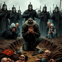 A full-body illustration of an elderly man, his face obscured by the brim of his hat, desperately trying to hide his tears while kneeling in a muddy ditch atop a grim scene of dead bodies