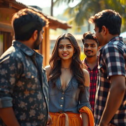 A visually captivating scene featuring a young woman inspired by Kiara Advani, exuding confidence and charm in a vibrant outdoor setting