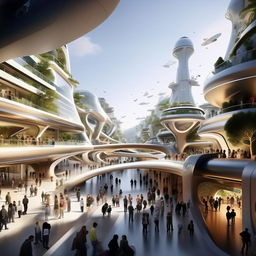 A futuristic state-of-the-art street bustling with pedestrians and vehicles, showcasing advanced architecture, infrastructure, and transport technology.