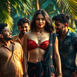 A dramatic and captivating scene featuring a young woman inspired by Kiara Advani, exuding confidence in a lush tropical environment