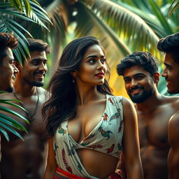 A dramatic and captivating scene featuring a young woman inspired by Kiara Advani, exuding confidence in a lush tropical environment