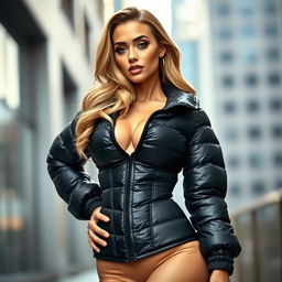 A stunningly beautiful woman wearing a tight, shiny black puffer corset that accentuates her curves