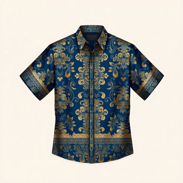 An elegant batik shirt design featuring intricate patterns in deep blue and gold colors