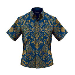 An elegant batik shirt design featuring intricate patterns in deep blue and gold colors
