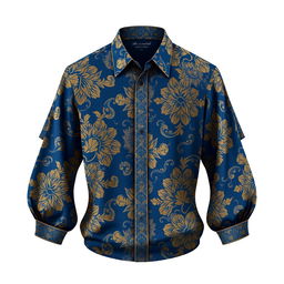 An elegant batik shirt design featuring intricate patterns in deep blue and gold colors