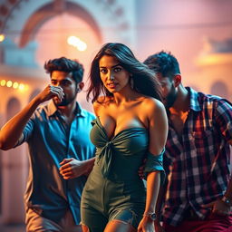 A dramatic and expressive scene featuring a young woman inspired by Kiara Advani, embodying confidence and allure in a dynamic setting