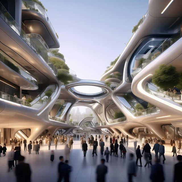 A futuristic state-of-the-art street bustling with pedestrians and vehicles, showcasing advanced architecture, infrastructure, and transport technology.