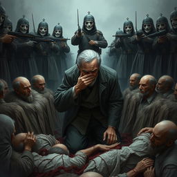 A full-body illustration of an elderly man, his face obscured by the brim of his hat, desperately trying to hide his tears as he kneels in a deep ditch filled with dead human bodies