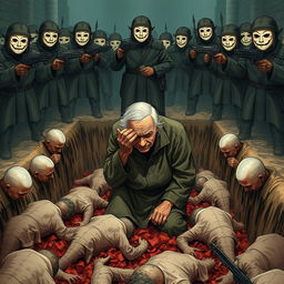 A full-body illustration of an elderly man, his face obscured by the brim of his hat, desperately trying to hide his tears as he kneels in a deep ditch filled with dead human bodies