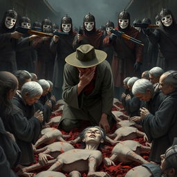 A full-body illustration of an elderly man, his face obscured by the brim of his hat, desperately trying to hide his tears as he kneels in a deep ditch filled with dead human bodies