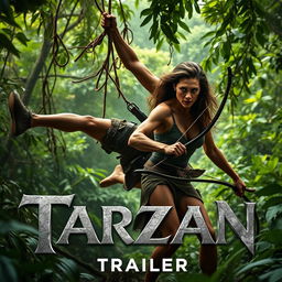 An exhilarating trailer scene for 'Tarzan (2025)' featuring Henry Cavill as Tarzan and Angelina Jolie as a fierce hunter
