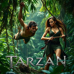 An exhilarating trailer scene for 'Tarzan (2025)' featuring Henry Cavill as Tarzan and Angelina Jolie as a fierce hunter