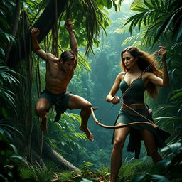 An exhilarating trailer scene for 'Tarzan (2025)' featuring Henry Cavill as Tarzan and Angelina Jolie as a fierce hunter
