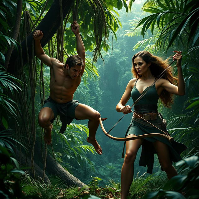 An exhilarating trailer scene for 'Tarzan (2025)' featuring Henry Cavill as Tarzan and Angelina Jolie as a fierce hunter