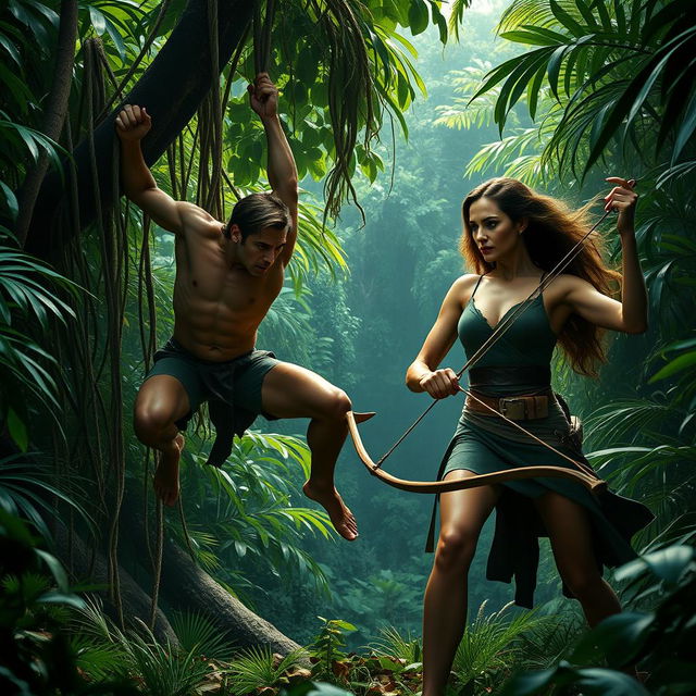 An exhilarating trailer scene for 'Tarzan (2025)' featuring Henry Cavill as Tarzan and Angelina Jolie as a fierce hunter