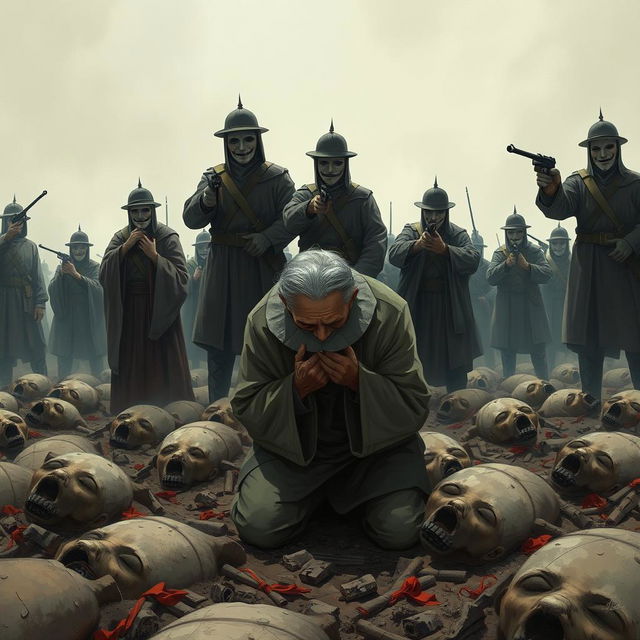 A full-body illustration of an elderly man, his face obscured by the brim of his hat, desperately trying to hide his tears as he kneels in a mass grave filled with freshly dead bodies