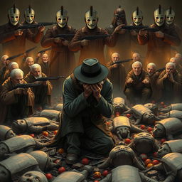 A full-body illustration of an elderly man, his face obscured by the brim of his hat, desperately trying to hide his tears as he kneels in a mass grave filled with freshly dead bodies