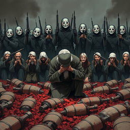 A full-body illustration of an elderly man, his face obscured by the brim of his hat, desperately trying to hide his tears as he kneels in a mass grave filled with freshly dead bodies