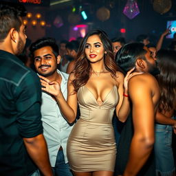 A captivating and lively scene at a bustling party featuring a young woman inspired by Kiara Advani, wearing a stylish navel minidress that accentuates her figure and charm