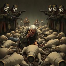 A full-body illustration of an elderly man, his face obscured by the brim of his hat, desperately trying to hide his tears as he kneels in a mass grave filled with fresh dead bodies