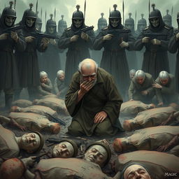 A full-body illustration of an elderly man, his face obscured by the brim of his hat, desperately trying to hide his tears as he kneels in a mass grave filled with fresh dead bodies