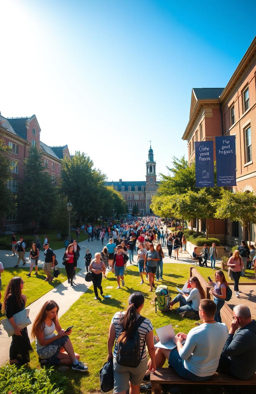 A vibrant college campus scene filled with diverse students walking between classes, surrounded by lush greenery and historical buildings