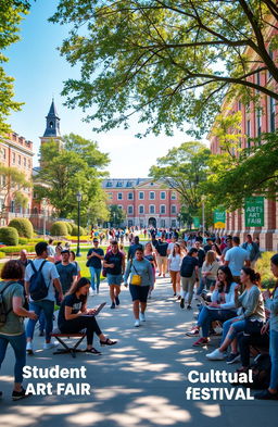 A vibrant college campus scene filled with diverse students walking between classes, surrounded by lush greenery and historical buildings