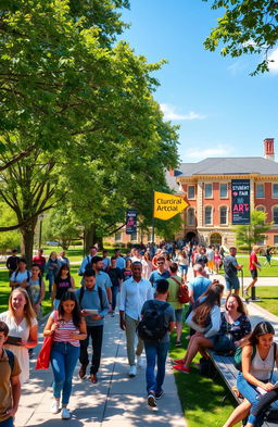 A vibrant college campus scene filled with diverse students walking between classes, surrounded by lush greenery and historical buildings