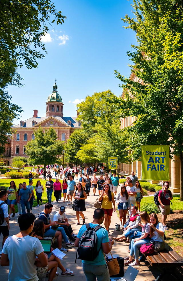 A vibrant college campus scene filled with diverse students walking between classes, surrounded by lush greenery and historical buildings