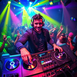 A vibrant and energetic DJ set scene featuring a charismatic DJ spinning tracks on stage