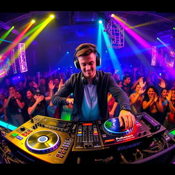 A vibrant and energetic DJ set scene featuring a charismatic DJ spinning tracks on stage
