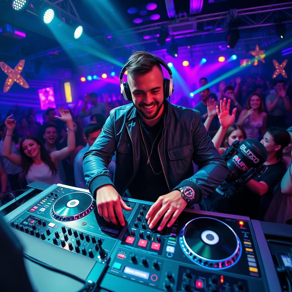 A vibrant and energetic DJ set scene featuring a charismatic DJ spinning tracks on stage