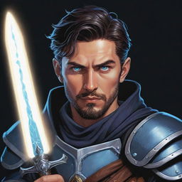 A comic-style portrait illustration of a RPG Arcane Warrior, his eyes glowing with magic as he holds his enchanted weapon.