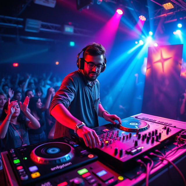 A vibrant and energetic DJ set scene featuring a charismatic DJ spinning tracks on stage