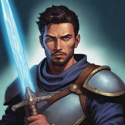 A comic-style portrait illustration of a RPG Arcane Warrior, his eyes glowing with magic as he holds his enchanted weapon.