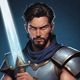 A comic-style portrait illustration of a RPG Arcane Warrior, his eyes glowing with magic as he holds his enchanted weapon.