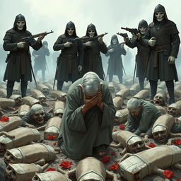 A full-body illustration of an elderly man, his face obscured by the brim of his hat, desperately trying to hide his tears as he kneels in a mass grave filled with freshly dead human bodies
